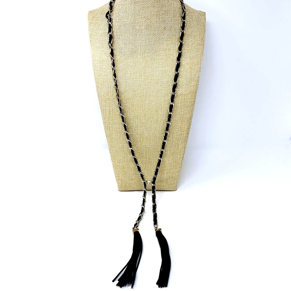 BCBGMAXAZRIA Double Tassel Statement Necklace Black Suede Gold Tone Chain 36"
